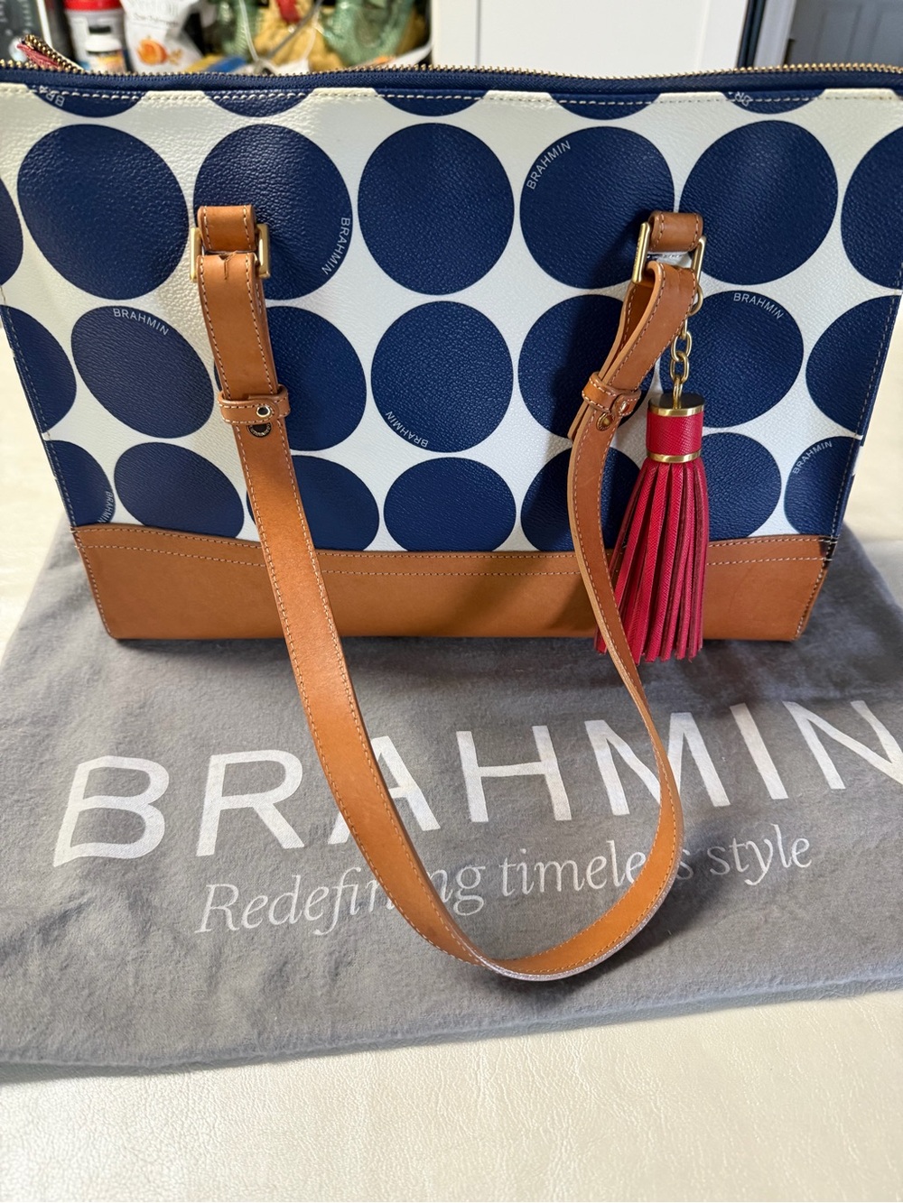 Brahmin Navy Polka Dot Tote with Tan Trim and Red Tassel